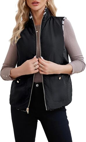 LifeShe Women Leopard Quilted Vest Stand Collar Zip Up Reversible Puffer Vests Sleeveless Padded Gilet Coat with Pockets in Saudi Arabia