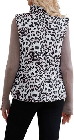 LifeShe Women Leopard Quilted Vest Stand Collar Zip Up Reversible Puffer Vests Sleeveless Padded Gilet Coat with Pockets in Saudi Arabia