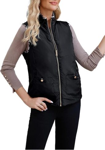 LifeShe Women Leopard Quilted Vest Stand Collar Zip Up Reversible Puffer Vests Sleeveless Padded Gilet Coat with Pockets in Saudi Arabia