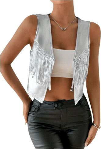 MakeMeChic Women's Metallic Sequin Fringe Vest Blazer Open Front Sleeveless Crop Y2K Coat Outerwear in Saudi Arabia