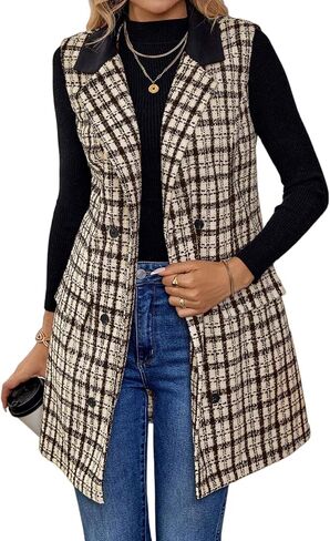 IDEALSANXUN Womens Long Tweed Vest Fall Winter Sleeveless Blazer Jackets Trench Coat in Saudi Arabia