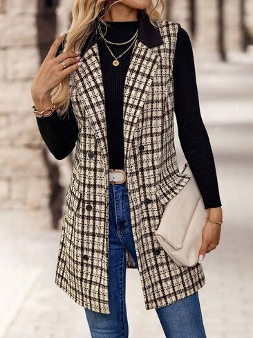 IDEALSANXUN Womens Long Tweed Vest Fall Winter Sleeveless Blazer Jackets Trench Coat in Saudi Arabia