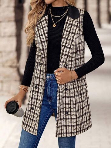 IDEALSANXUN Womens Long Tweed Vest Fall Winter Sleeveless Blazer Jackets Trench Coat in Saudi Arabia