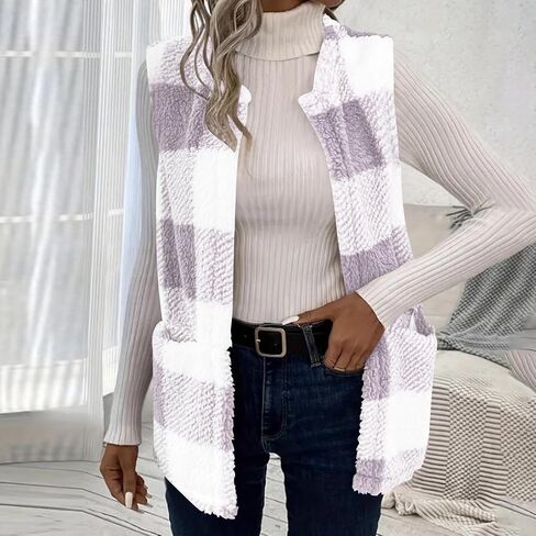 Sherpa Vest Outerwear Women Fuzzy Fleece Plaid Sleeveless Cardigan Winter Fashion Open Front Cute Jacket with Pocket in Saudi Arabia