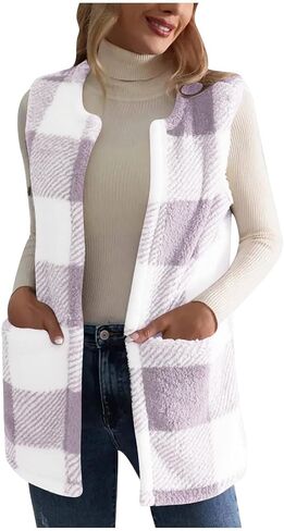 Sherpa Vest Outerwear Women Fuzzy Fleece Plaid Sleeveless Cardigan Winter Fashion Open Front Cute Jacket with Pocket in Saudi Arabia