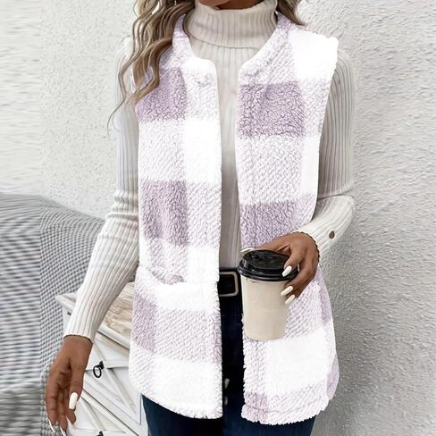 Sherpa Vest Outerwear Women Fuzzy Fleece Plaid Sleeveless Cardigan Winter Fashion Open Front Cute Jacket with Pocket in Saudi Arabia