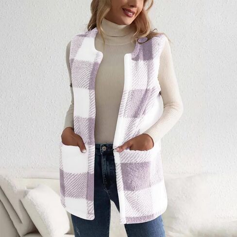 Sherpa Vest Outerwear Women Fuzzy Fleece Plaid Sleeveless Cardigan Winter Fashion Open Front Cute Jacket with Pocket in Saudi Arabia