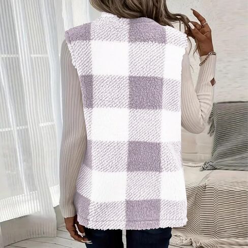 Sherpa Vest Outerwear Women Fuzzy Fleece Plaid Sleeveless Cardigan Winter Fashion Open Front Cute Jacket with Pocket in Saudi Arabia