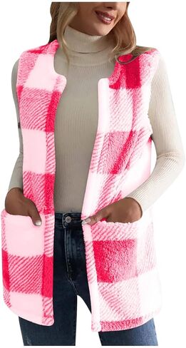Sherpa Vest Outerwear Women Fuzzy Fleece Plaid Sleeveless Cardigan Winter Fashion Open Front Cute Jacket with Pocket in Saudi Arabia