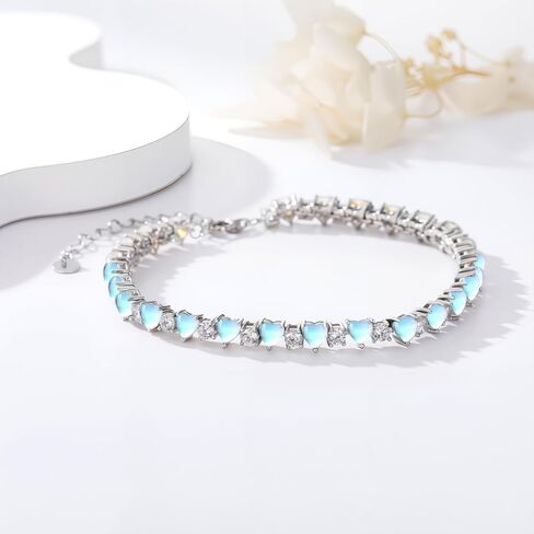 925 Sterling Silver Heart/Star Shape Braclets Moonstone Tennis ، أساور أنيقة من حجر القمر للنساء ، هدية عيد ميلاد المجوهرات ، طول السلسلة 6.5 "+2" بوصة تمتد in Saudi Arabia