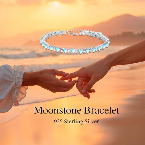 925 Sterling Silver Heart/Star Shape Braclets Moonstone Tennis ، أساور أنيقة من حجر القمر للنساء ، هدية عيد ميلاد المجوهرات ، طول السلسلة 6.5 "+2" بوصة تمتد in Saudi Arabia