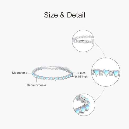 925 Sterling Silver Heart/Star Shape Braclets Moonstone Tennis ، أساور أنيقة من حجر القمر للنساء ، هدية عيد ميلاد المجوهرات ، طول السلسلة 6.5 "+2" بوصة تمتد in Saudi Arabia