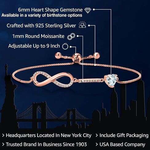 Gem Stone King 18K Rose Gold Plated Silver Heart Shape 6MM Gemstone Birthstone and White Moissanite Infinity Tennis Bracelet For Women Fully Adjustable Up to 9 Inch in Saudi Arabia