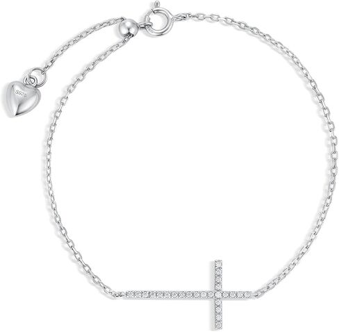 Dainty Cross Bracelet for Women 925 Sterling Silver, Cubic Zirconia Adjustable Bracelet 7inch 8inch in Saudi Arabia