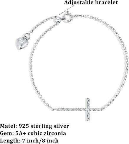 Dainty Cross Bracelet for Women 925 Sterling Silver, Cubic Zirconia Adjustable Bracelet 7inch 8inch in Saudi Arabia