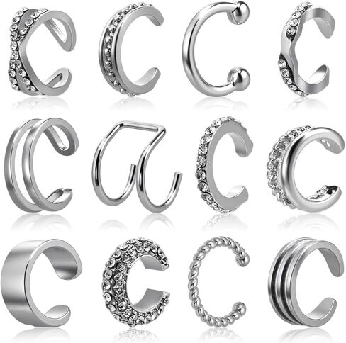 12 Pcs Silver Ear Cuffs for Women Non Piercing Adjustable Fake Ear Piercings, Clip on Cartilage Earring Silver Earring Cuffs Non Pierced Cuff Earrings for Women Fake Earrings Jewelry in Saudi Arabia