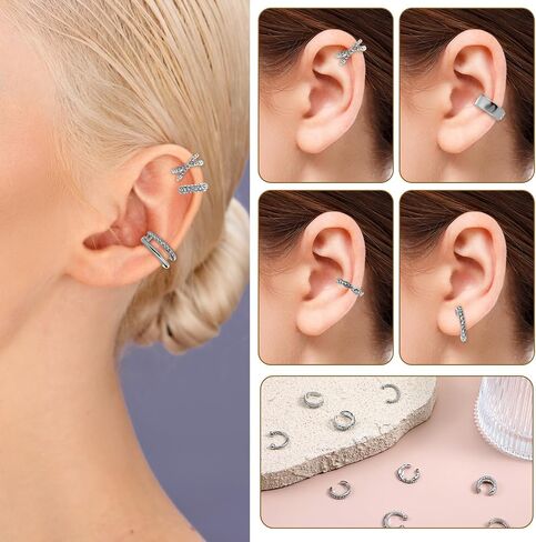 12 Pcs Silver Ear Cuffs for Women Non Piercing Adjustable Fake Ear Piercings, Clip on Cartilage Earring Silver Earring Cuffs Non Pierced Cuff Earrings for Women Fake Earrings Jewelry in Saudi Arabia