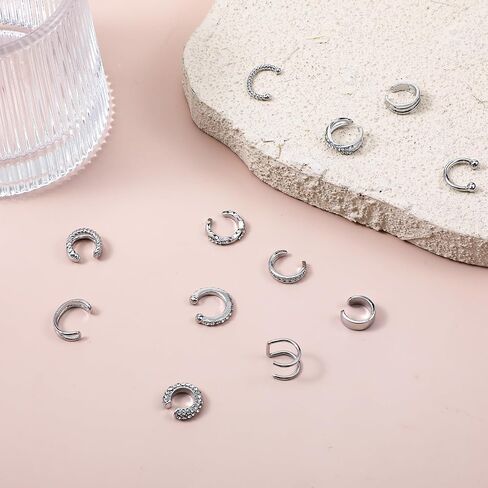 12 Pcs Silver Ear Cuffs for Women Non Piercing Adjustable Fake Ear Piercings, Clip on Cartilage Earring Silver Earring Cuffs Non Pierced Cuff Earrings for Women Fake Earrings Jewelry in Saudi Arabia