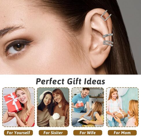 12 Pcs Silver Ear Cuffs for Women Non Piercing Adjustable Fake Ear Piercings, Clip on Cartilage Earring Silver Earring Cuffs Non Pierced Cuff Earrings for Women Fake Earrings Jewelry in Saudi Arabia