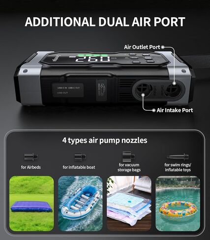 Upgraded 9000A Car Jump Starter with Air Inflator/Deflator Compressor, 9 in 1 Portable Jumper Box Power Pack Charger (All Gas/14L Diesel) Combo Cordless Air Pump for Tire Inflator & Large LCD Screen in Saudi Arabia