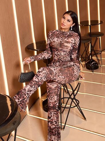 Ophestin Sexy Sexy اثنين من ملابس النادي للنساء شبكة طباعة انظر من خلال مجموعة طويلة من السراويل bodycon in Kuwait