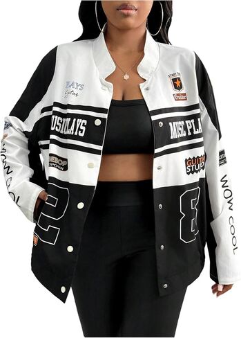 SweatyRocks Women's Plus Size Oversized Varsity Jackets Graphic Print Y2k Racing Bomber Jacket in Saudi Arabia