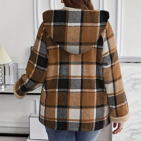 Women Flannel Hoodie Fleece Lined Plaid Jackets Casual Long Sleeve Sherpa Shacket Full Zip Jacket Warm Fuzzy Coat in Saudi Arabia