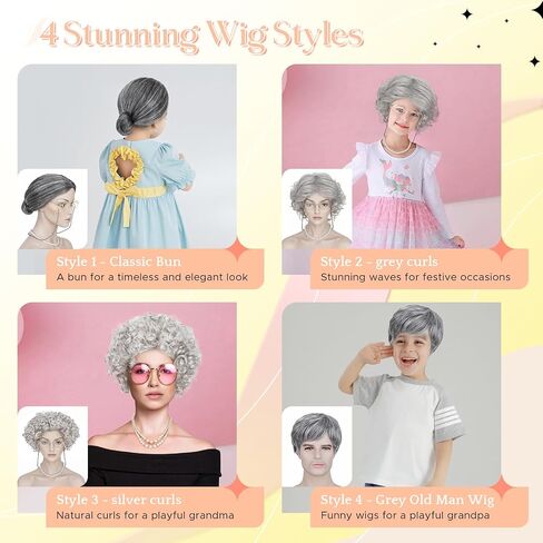Grey Old Man Wig Funny Wigs Set with Salt and Pepper Wigs, Gold-Rimmed Glasses, Grey Beard, Eyebrows & Net for 100 Days of School Halloween Cosplay（5PCS） in Saudi Arabia