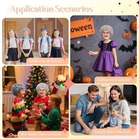 Grey Old Man Wig Funny Wigs Set with Salt and Pepper Wigs, Gold-Rimmed Glasses, Grey Beard, Eyebrows & Net for 100 Days of School Halloween Cosplay（5PCS） in Saudi Arabia