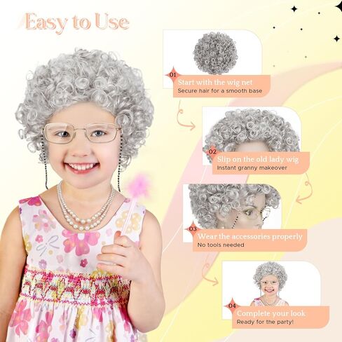 Grey Old Man Wig Funny Wigs Set with Salt and Pepper Wigs, Gold-Rimmed Glasses, Grey Beard, Eyebrows & Net for 100 Days of School Halloween Cosplay（5PCS） in Saudi Arabia