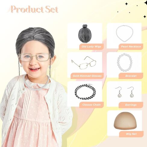 Grey Old Man Wig Funny Wigs Set with Salt and Pepper Wigs, Gold-Rimmed Glasses, Grey Beard, Eyebrows & Net for 100 Days of School Halloween Cosplay（5PCS） in Saudi Arabia