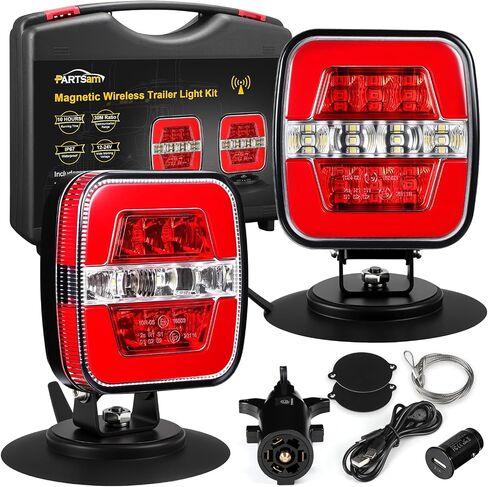 Partsam Wireless Trailer Light Kit ، مصباح السحب LED مغناطيسي محمول ، توقف الفرامل المنحنى عكس أضواء الذيل القطر مع المعدن قاعدة الشفط 7 دبوس قابس للشاحنات 12-24V IP67 مقاوم للماء in Kuwait