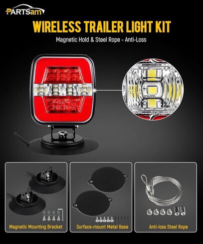 Partsam Wireless Trailer Light Kit ، مصباح السحب LED مغناطيسي محمول ، توقف الفرامل المنحنى عكس أضواء الذيل القطر مع المعدن قاعدة الشفط 7 دبوس قابس للشاحنات 12-24V IP67 مقاوم للماء in Kuwait