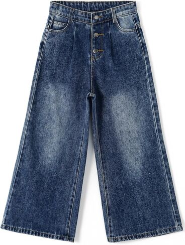 KIDSCOOL SPACE Girls' Wide-Leg Jeans,3 Buttons Front Elastic Band InsideSimple Design Flared Denim Pants in Saudi Arabia