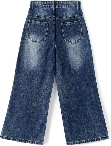 KIDSCOOL SPACE Girls' Wide-Leg Jeans,3 Buttons Front Elastic Band InsideSimple Design Flared Denim Pants in Saudi Arabia