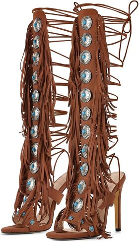 Gladiator Heels Tassels Open Toe Boots Fringe Lace up Strappy High Heels Sandals in Kuwait