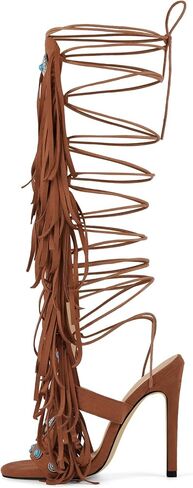 Gladiator Heels Tassels Open Toe Boots Fringe Lace up Strappy High Heels Sandals in Kuwait