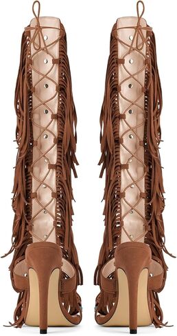 Gladiator Heels Tassels Open Toe Boots Fringe Lace up Strappy High Heels Sandals in Kuwait