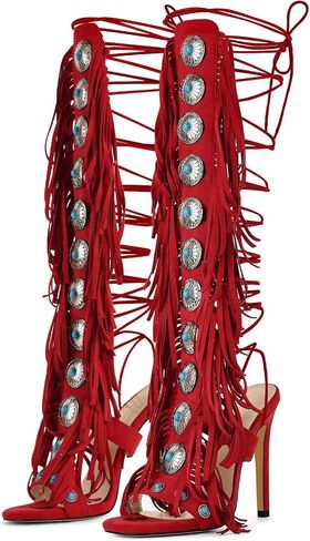 Gladiator Heels Tassels Open Toe Boots Fringe Lace up Strappy High Heels Sandals in Kuwait