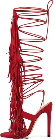 Gladiator Heels Tassels Open Toe Boots Fringe Lace up Strappy High Heels Sandals in Kuwait