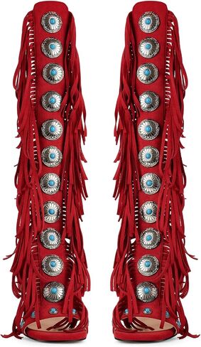 Gladiator Heels Tassels Open Toe Boots Fringe Lace up Strappy High Heels Sandals in Kuwait