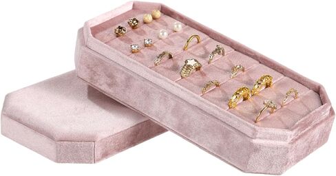 OMISTAR Velvet Ring Box Organizer, 7 Slots Ring Jewelry Display Case, Pink Velvet Ring Holder with Lid, 8.2 x 4.1 in Jewelry Storage Tray for Ear Studs and Rings in Saudi Arabia