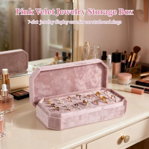 OMISTAR Velvet Ring Box Organizer, 7 Slots Ring Jewelry Display Case, Pink Velvet Ring Holder with Lid, 8.2 x 4.1 in Jewelry Storage Tray for Ear Studs and Rings in Saudi Arabia