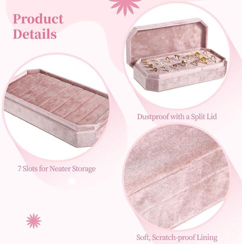 OMISTAR Velvet Ring Box Organizer, 7 Slots Ring Jewelry Display Case, Pink Velvet Ring Holder with Lid, 8.2 x 4.1 in Jewelry Storage Tray for Ear Studs and Rings in Saudi Arabia