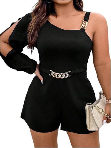 WDIRARA Women's Plus Size Asymmetrical Neck Long Split Sleeve Romper Chain Shorts Jumpsuit in Saudi Arabia