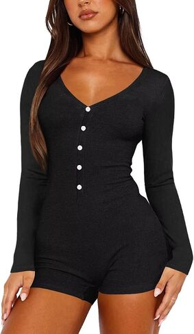 LEEDYA Women's Long Sleeve V Neck Rompers Sexy Fall Y2k One Piece Shorts Jumpsuit Bodycon Pajama Set Gym Bodysuit in Kuwait