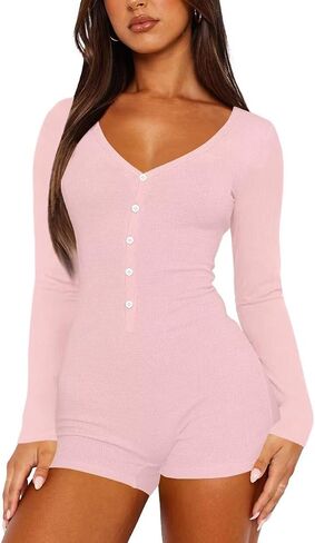 LEEDYA Women's Long Sleeve V Neck Rompers Sexy Fall Y2k One Piece Shorts Jumpsuit Bodycon Pajama Set Gym Bodysuit in Kuwait