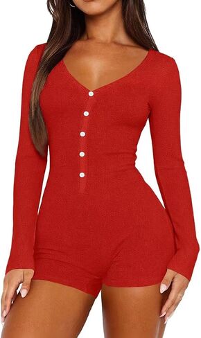 LEEDYA Women's Long Sleeve V Neck Rompers Sexy Fall Y2k One Piece Shorts Jumpsuit Bodycon Pajama Set Gym Bodysuit in Kuwait