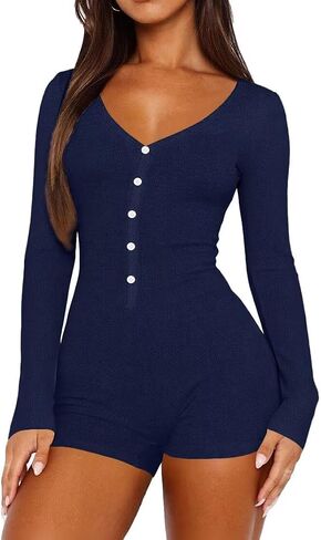 LEEDYA Women's Long Sleeve V Neck Rompers Sexy Fall Y2k One Piece Shorts Jumpsuit Bodycon Pajama Set Gym Bodysuit in Kuwait