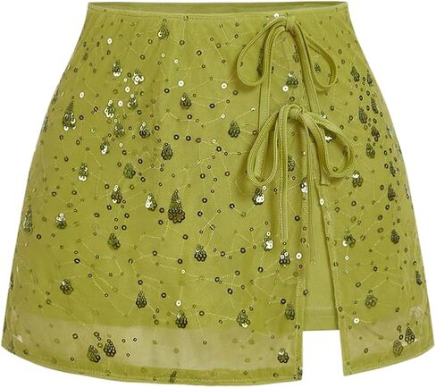 Floerns Women's Plus Size Sequin Mini Skirt Bow Tie Front Beaded Glitter A Line Skirt in Saudi Arabia
